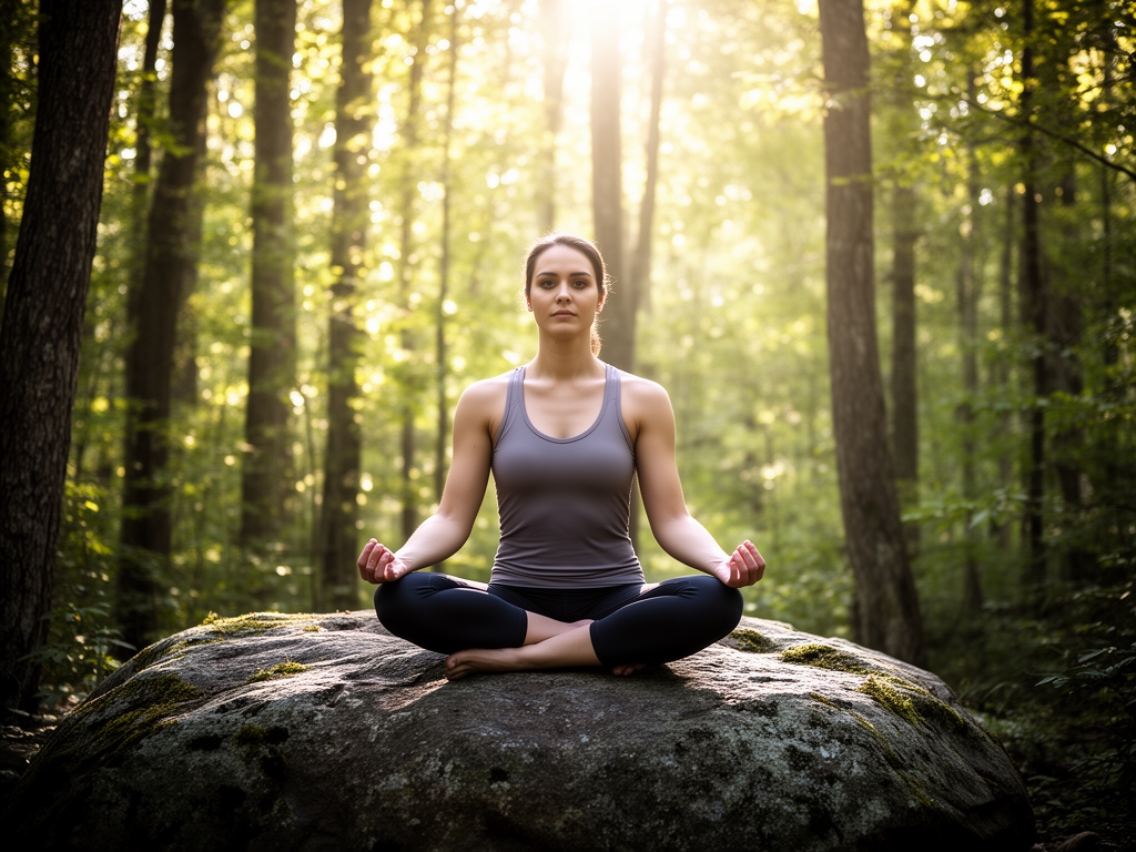 Persona in posizione di meditazione seduta su roccia in un bosco con luce solare filtrata tra gli alberi, ambiente naturale, atteggiamento sereno e contemplativo