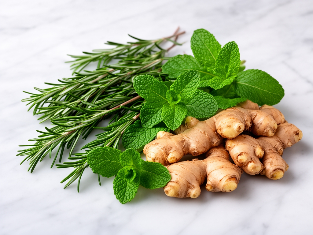 Composizione di erbe aromatiche fresche — rametti di rosmarino, foglie di menta e radici di zenzero su fondo di marmo bianco, luce studio morbida che evidenzia colori e texture naturali
