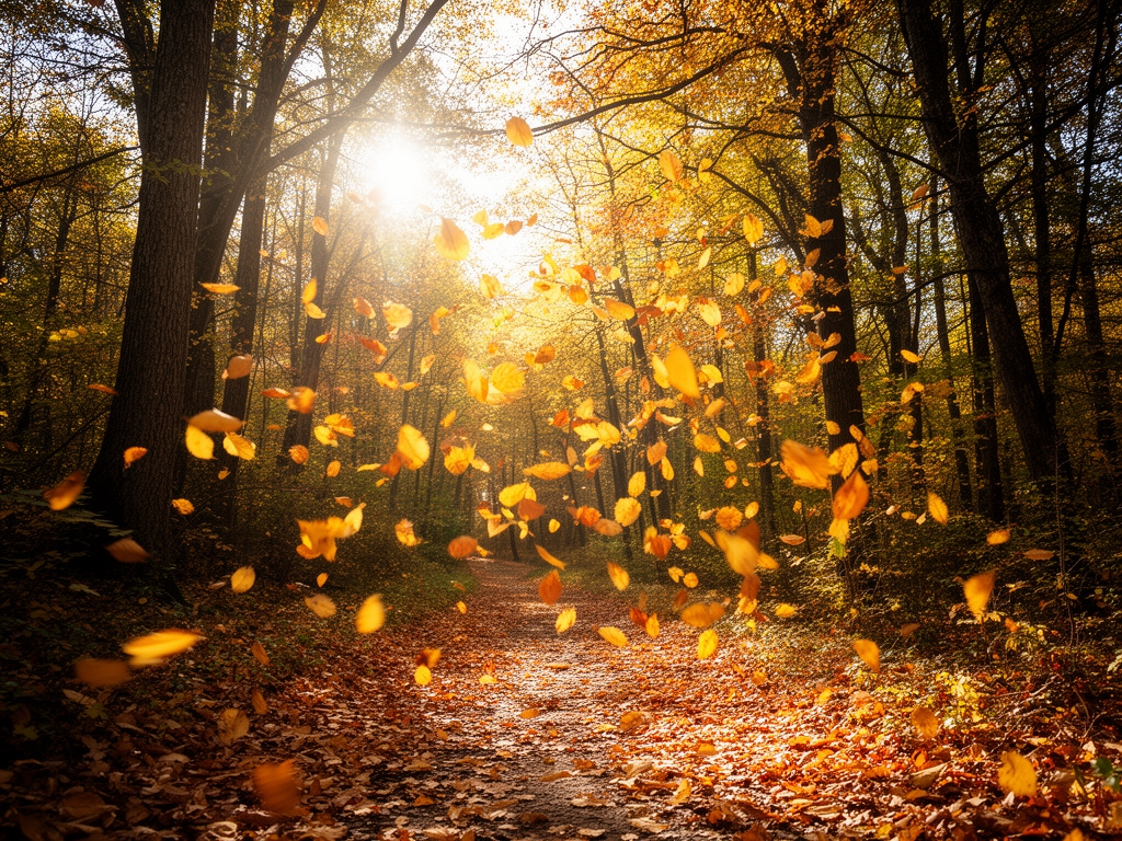 Sentiero boschivo in autunno con foglie dorate che cadono, luce solare filtrata tra i rami degli alberi, atmosfera tranquilla e rigenerante