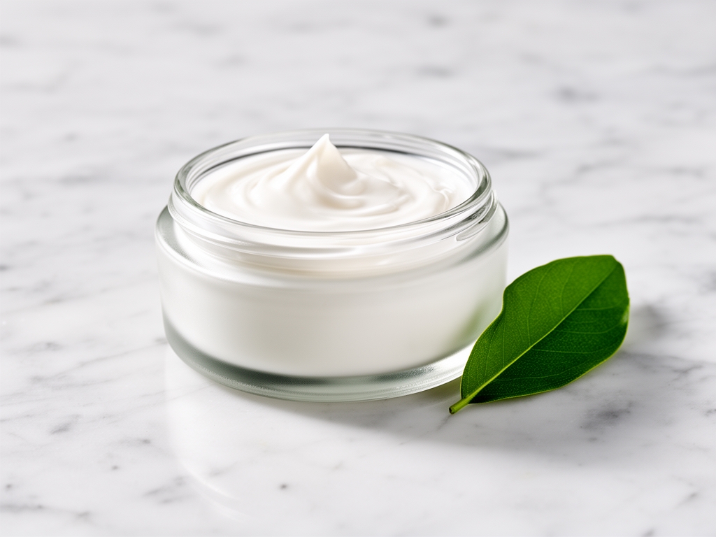 Barattolo di vetro aperto contenente crema bianca densa su superficie di marmo bianco, foglia verde appoggiata accanto, luce naturale diffusa, composizione cosmetica minimalista senza branding