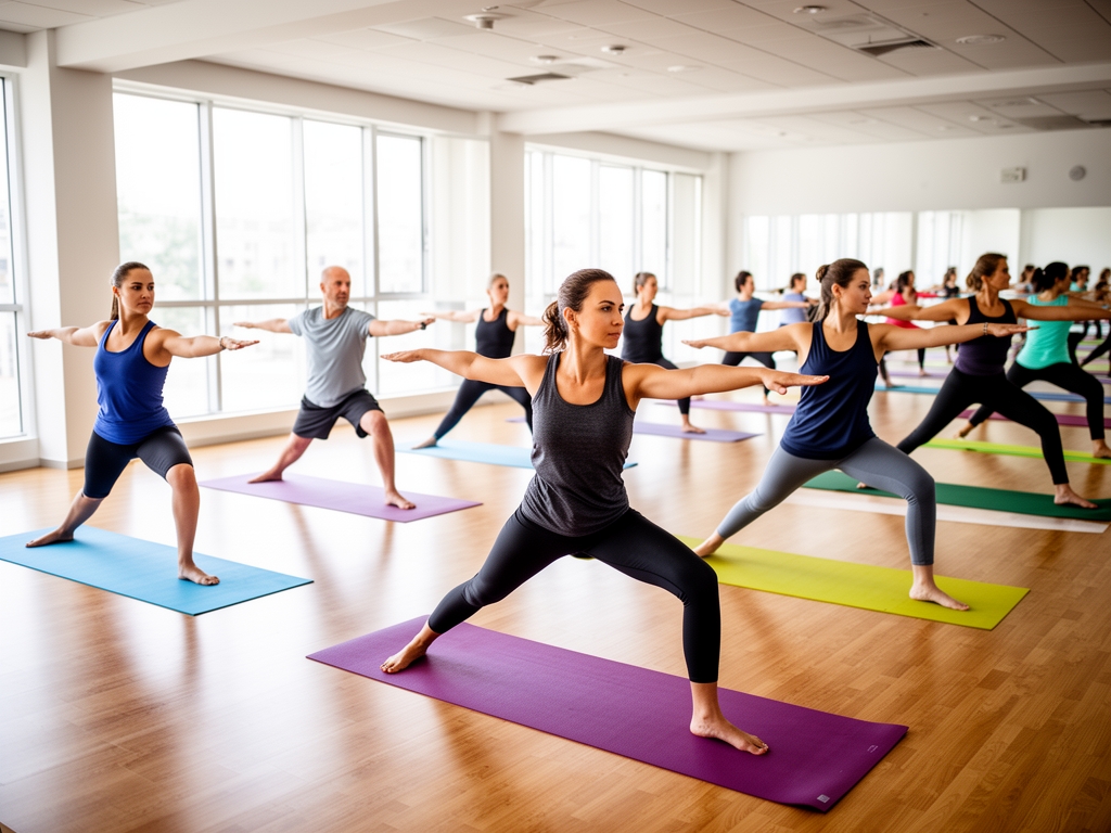 Classe di yoga in palestra luminosa con pavimento di legno, partecipanti in posizione guerriero su tappetini colorati, luce naturale da ampie finestre laterali