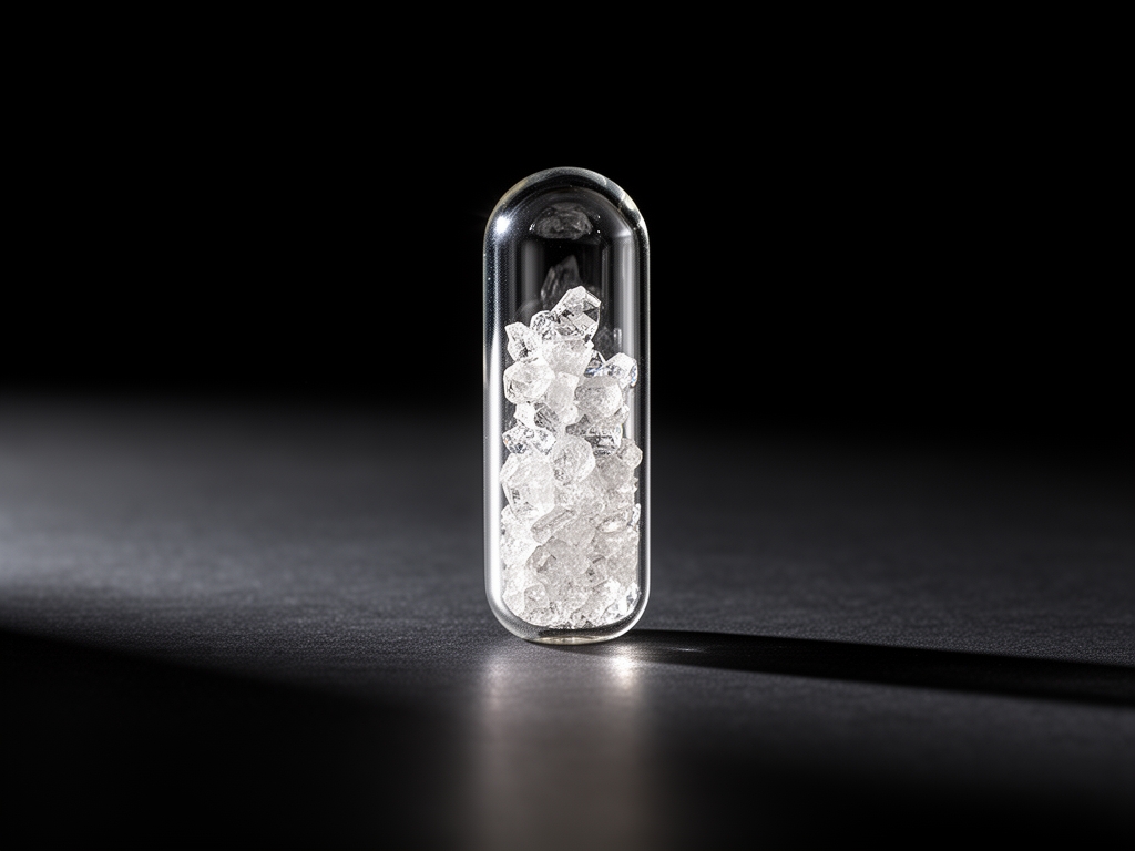 Fiala di vetro trasparente con cristalli mineralizzati su sfondo scuro con illuminazione laterale che crea riflessi interni alla fiala, composizione scientifica e minimalista